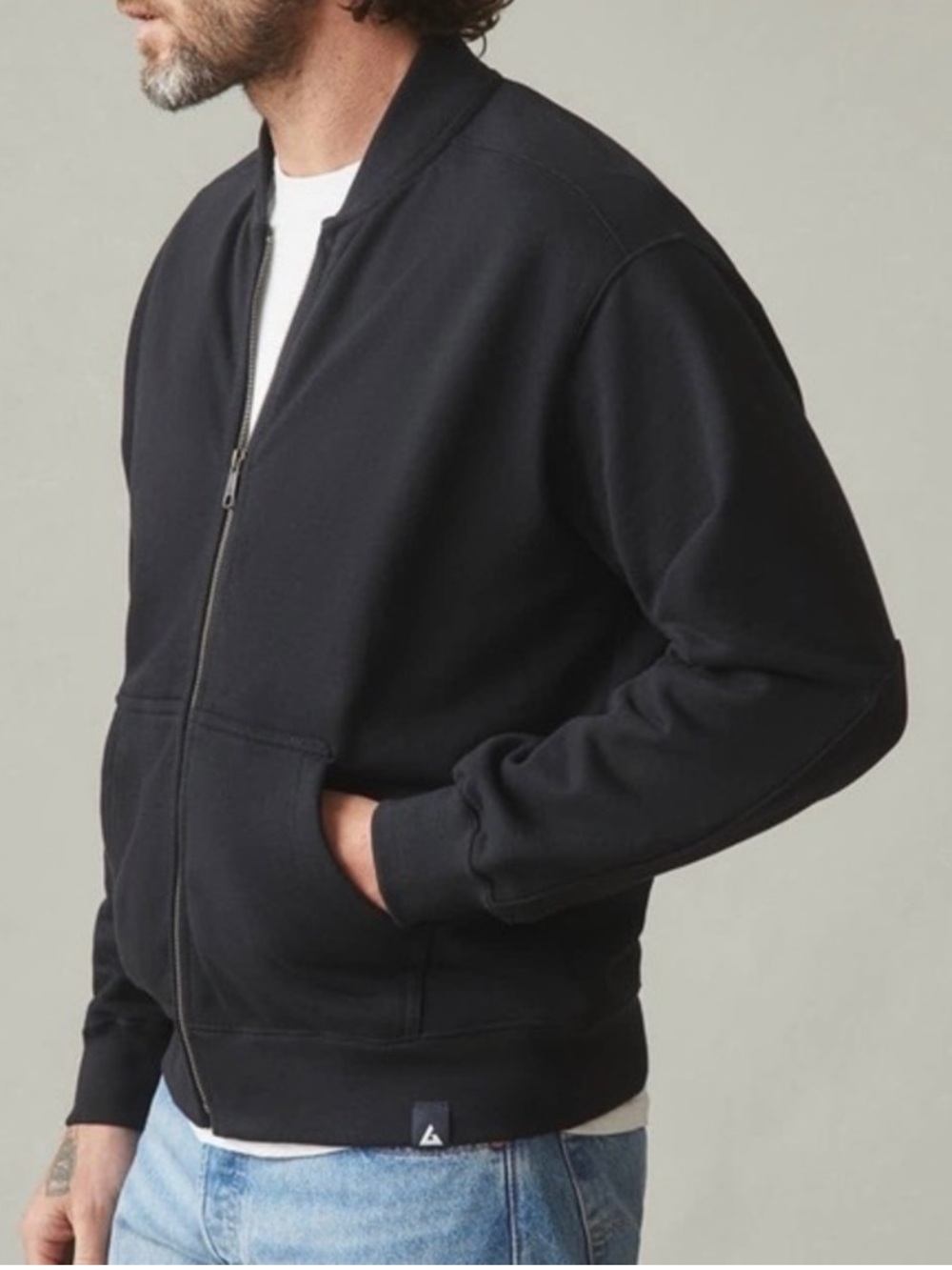 American Giant Jacket Navy Blue Fleece Bomber Heavy Pockets Reinforced elbows